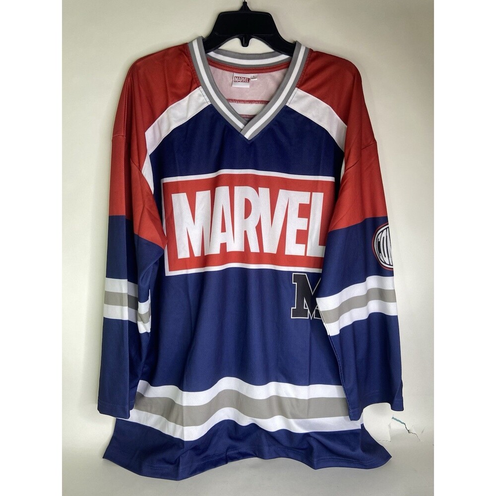 Marvel Comics Athletic Hockey Jersey Mesh Mens Size L Long Sleeve